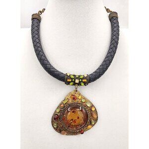 Vintage Chicos Fall Colors Cabochons Distressed Medallion and Leather Choker